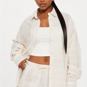 Cream Plaid Button-Up Shirt and Shorts Set